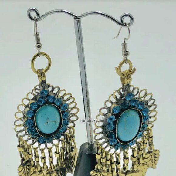 Handmade Turquoise Chandelier Earrings: Kuchi Boho Brass Dangle - Picture 7 of 9